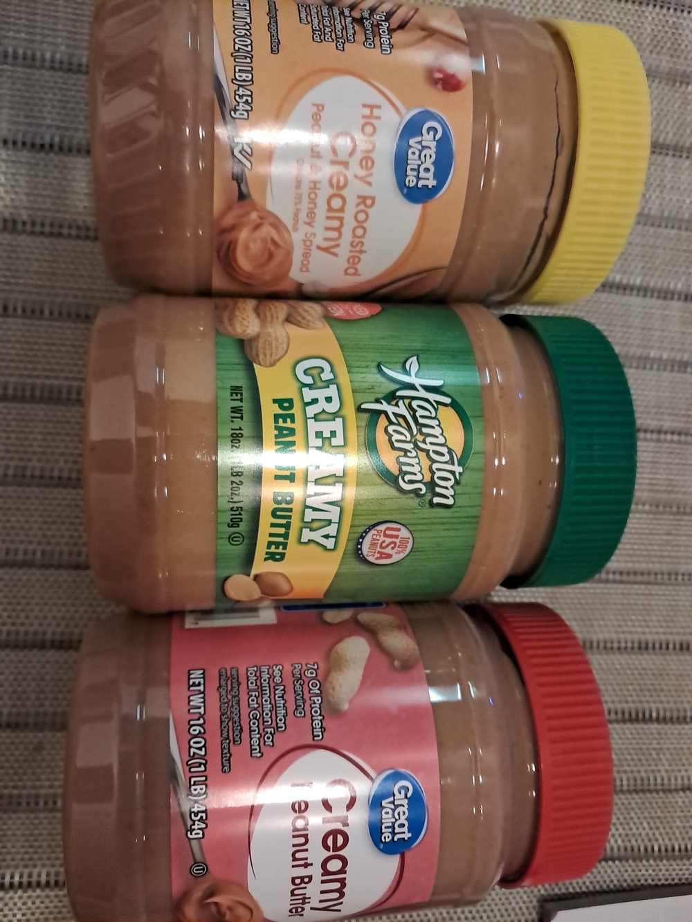 Three Jars of Creamy Peanut Butter - Great Value & Hampton Farms